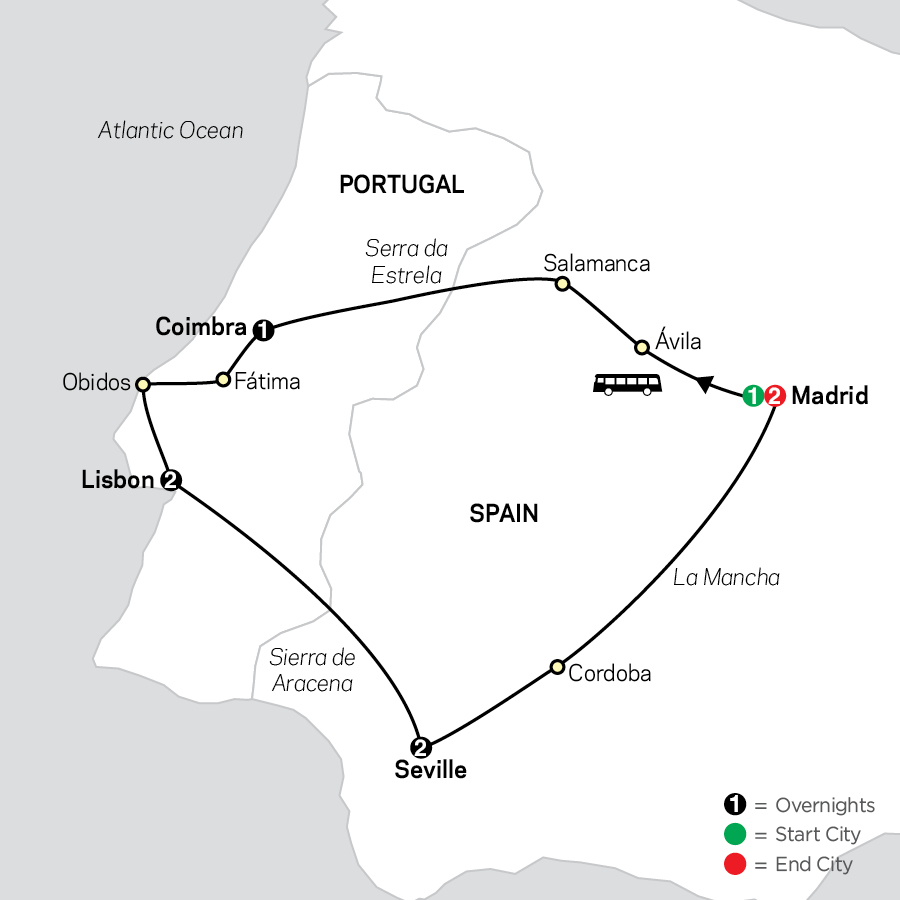 Lisbon, Seville & Madrid map